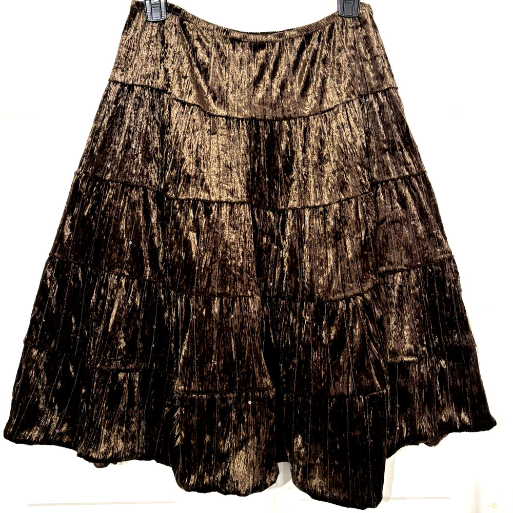 Vtg Y2K brown crushed velvet tiered midi skirt elastic fairy nymph cottage gypsy